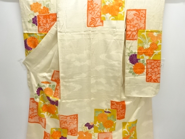 JAPANESE KIMONO / ANTIQUE FURISODE / SILK / EMBROIDERY / SHIBORI / SHIKISHI PATTERN